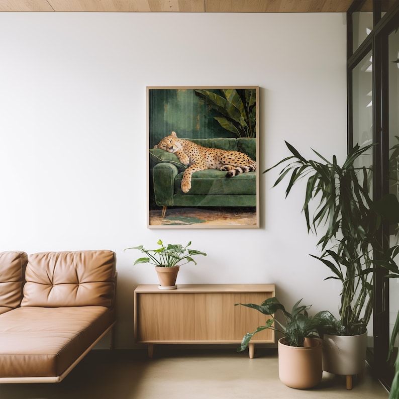 Cheetah Wall Art, Sleepy Leopard Poster, Contemporary Luxury Print, Emerald Green Jungle Living Room Decor, Elegant Maximalist Modern Art image 12
