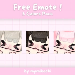 Puede incluir: Un gráfico rosa con el texto "Free Emote! 5 Colors Pack" y tres imágenes cuadradas de un personaje de dibujos animados con diferentes colores de pelo: gris, negro y rosa. El personaje tiene marcas de rubor y ojos negros.