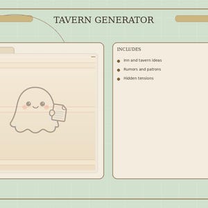 Puede incluir: Un producto digital llamado "Tavern Generator" con una linda ilustración de fantasma. La imagen incluye una sección de vista previa en PDF y una lista de características incluidas: Ideas de posadas y tabernas, rumores y clientes, y tensiones ocultas. El fondo es una cuadrícula verde claro.