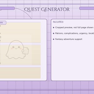 May include: A digital interface for a fantasy adventure generator, set against a light purple grid. The design features a "DETAIL PREVIEW" section with a list of terms and the text "QUEST GENERATOR". A cute ghost graphic is included.