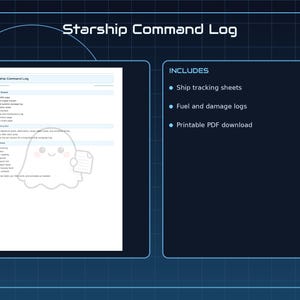 Puede incluir: Un registro de mando de nave estelar digital con hojas de seguimiento de la nave, registros de combustible y daños, y una descarga PDF imprimible. La imagen tiene un fondo azul oscuro con un patrón de cuadrícula y una linda ilustración de fantasma.
