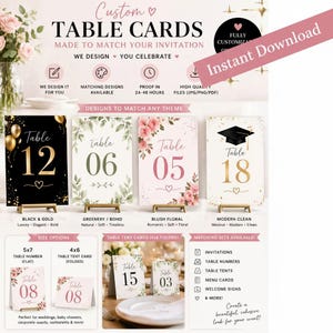 May include: Custom table cards with various designs, including black and gold, greenery, blush floral, and modern clean themes. The cards are available in flat and folded options, with matching sets for invitations, table numbers, and more. The text on the cards reads "Table" followed by a number.