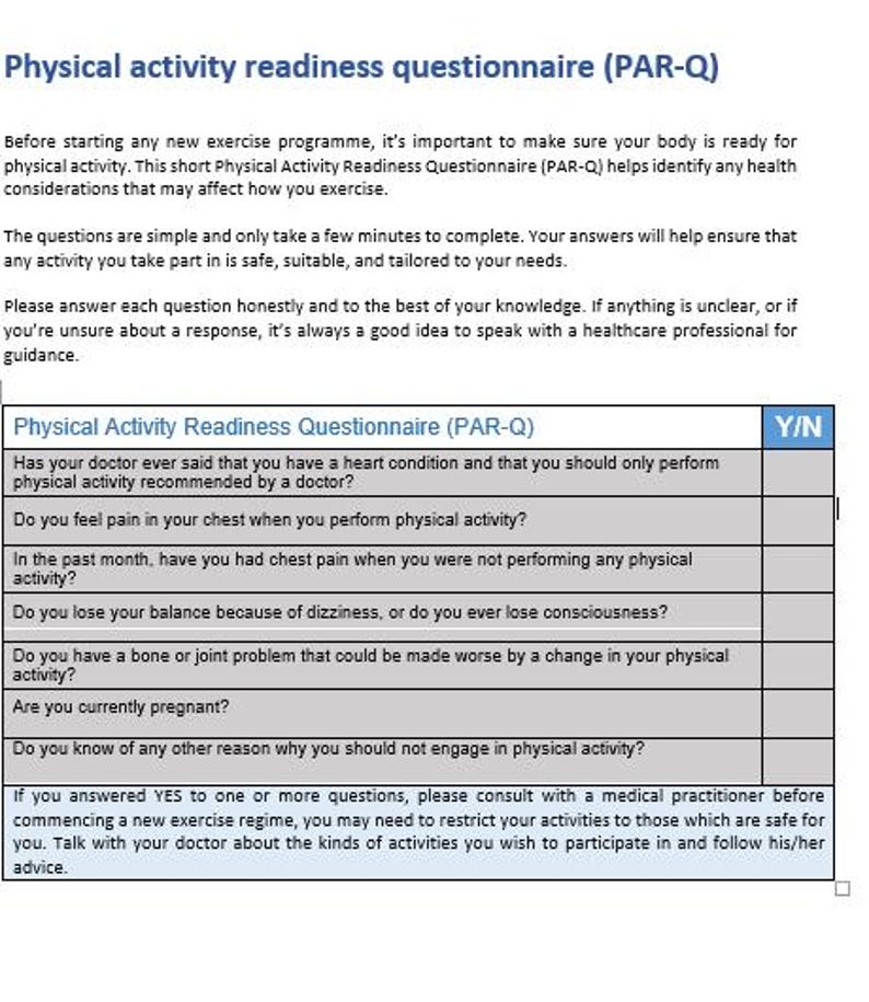 PAR-Q Form for Personal Trainers and Fitness Businesses - Etsy