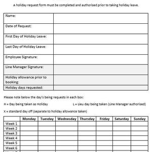 Op de afbeelding: Een zwart-wit vakantieaanvraagformulier met velden voor naam, data en handtekeningen. Het formulier bevat een sectie voor aangevraagde vakantiedagen, met een wekelijkse raster.