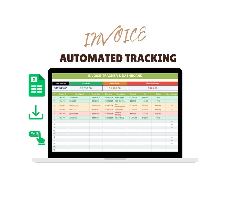 Editable Invoice Tracker Excel Template | Automated Tracker | Editable ...