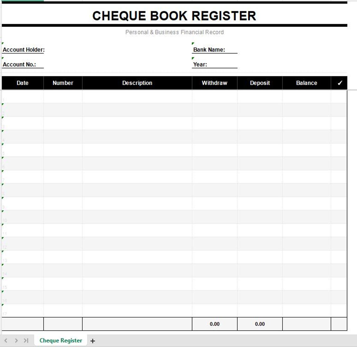 Cheque Book Register Printable PDF | Editable Checkbook Ledger Sheet ...