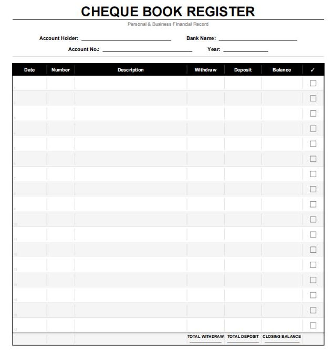 Cheque Book Register Printable PDF | Editable Checkbook Ledger Sheet ...