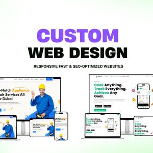 Peut inclure: Publicité pour des services de conception web personnalisés. L'image présente divers appareils, notamment des ordinateurs portables, des tablettes et des smartphones, affichant des conceptions de sites web. Le texte comprend "Custom Web Design" et "Responsive Fast & SEO-Optimized Websites."