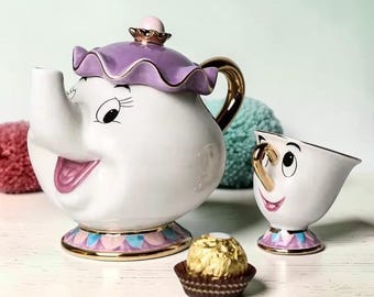 Juego de tetera y taza de cerámica coleccionable de La Bella y la Bestia, la Sra. Potts y Chip.