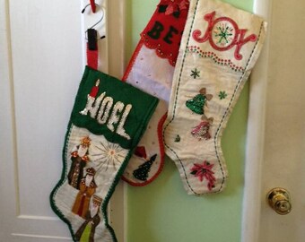 3 Vintage Felt Stockings - Joy 3 Wise Men Betty Name 40s 50s Handmade Embellished Sequin Bells Starburst Star Pine Tree - Christmas Holiday