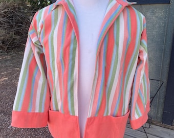 Vintage Men’s Small Women’s M-L Unisex 50s 60s Beach Cover Up Peach Green Polyester Handmade Striped Cabana Tiki Oasis Rockabilly Rainbow