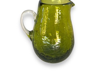 Vintage 50s 60s Small Blenko Art Crackle Glass Pitcher Creamer Olive Green Clear Handle Rough Pontil Chartreuse Kitchen Home Decor