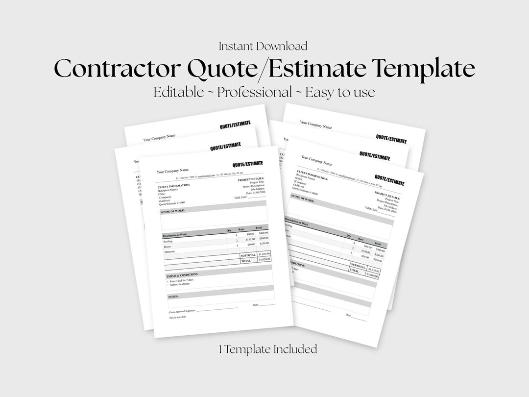 Reddit Contractor Quote Contractor Estimate Template, Quote Template, Editable Estimate Form ...