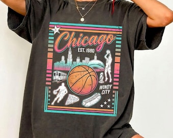 Comfort Colors® Chicago Basketball Graphic Tee, Retro City Skyline Shirt, Vintage T-Shirt, Windy City Sports Gift