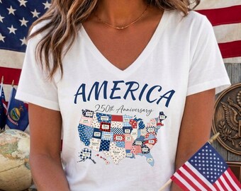 Retro Map V Neck Shirt , USA 250th Year Anniversary
