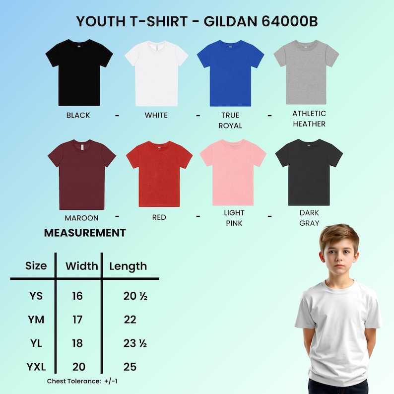 May include: A display of youth t-shirts in various colors, including black, white, and red. The image includes a size chart with measurements in inches and the text "YOUTH T-SHIRT - GILDAN 64000B". A young person is wearing a white t-shirt.