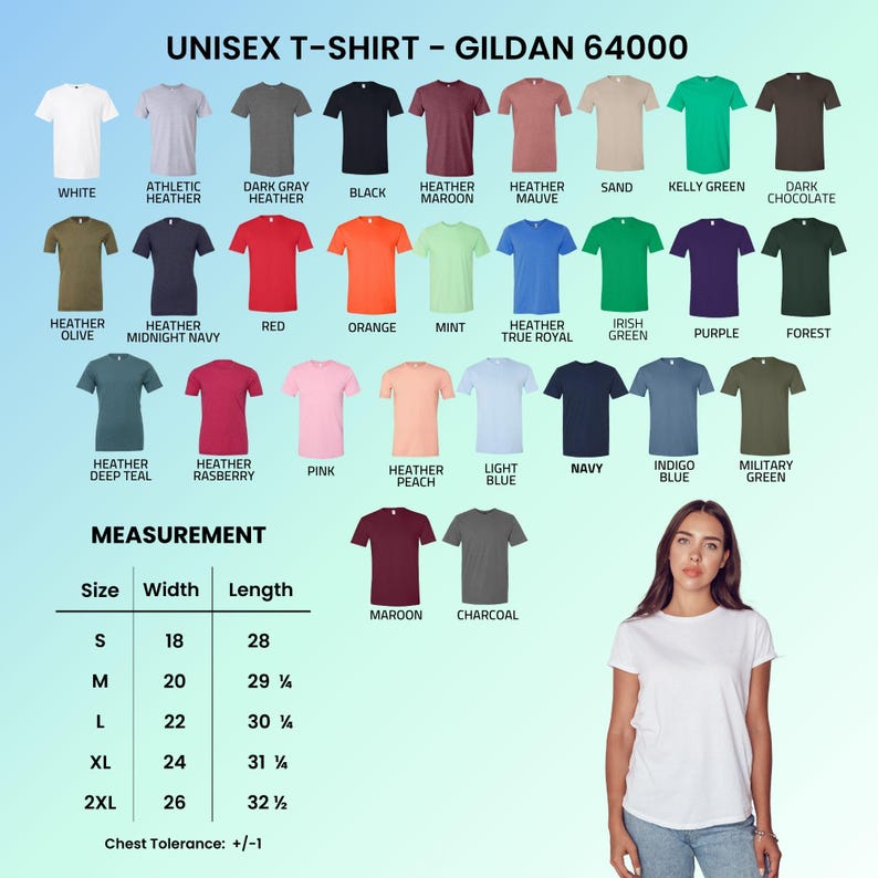 May include: A Gildan 64000 unisex t-shirt color chart displaying thirty-two solid and heathered color options with names. A measurement table lists sizes S through 2XL with width and length in inches. A person wears a plain white t-shirt.