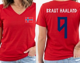 Haaland 9 Norway Inspired Shirt, Norwegian Football Fan Tee, Red Jersey Style T-Shirt, Norway Flag Game Day Apparel