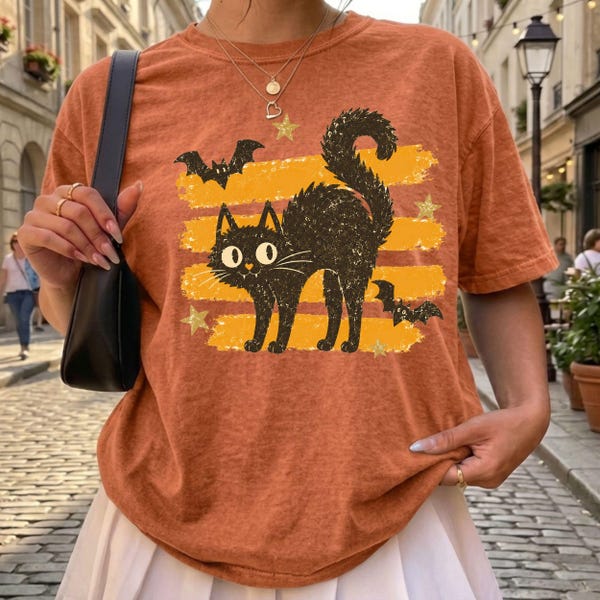 Vintage Black Cat Shirt , Comfort Colors ,  Gift For Her , Halloween Shirt , Spooky Season Shirt