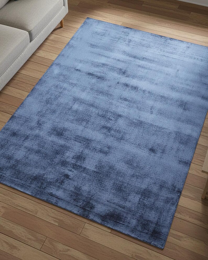 Blue Modern Area Rug, Handloom Tencel Silk Carpet, Tip Sheared Abstract Rug, Luxury Soft Minimalist Rug, Contemporary Home Decor image 8