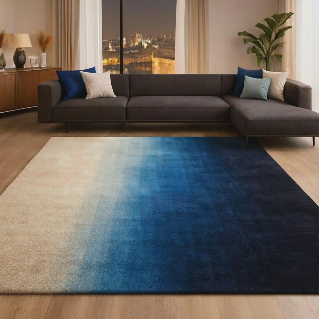 Gradient Ombre Rug, Blue Beige Area Rug, Modern Handmade Rug, Abstract ...