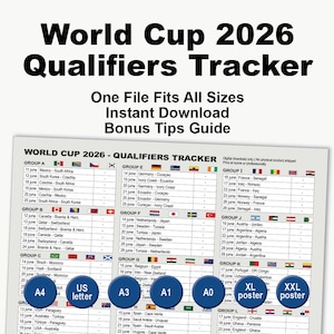 Könnte beinhalten: Ein World Cup 2026 Qualifiers Tracker Dokument mit einer Liste von Fußballspielen, unterteilt in die Gruppen A bis L, inklusive Nationalflaggen, Daten und leeren Ergebnisfeldern. Blaue kreisförmige Symbole zeigen die Formate A4, US letter, A3, A1, A0, XL und XXL an.