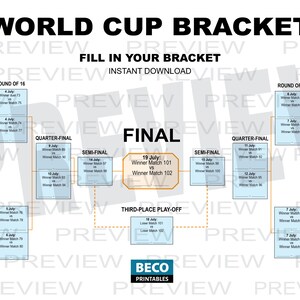 Op de afbeelding: Een afdrukbare World Cup bracket met de tekst "World Cup Bracket" en "Fill in your bracket". De bracket is ontworpen voor direct downloaden en bevat ruimtes voor wedstrijdresultaten.