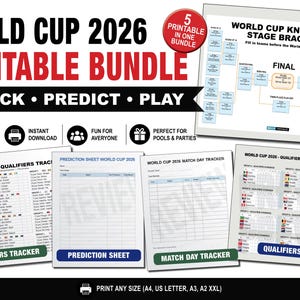 Op de afbeelding: Een afdrukbare World Cup 2026-bundel met vijf items, waaronder een bracket, trackers en voorspellingsbladen. De bundel bevat een kwalificatietracker, voorspellingsblad, wedstrijddagtracker en kwalificatiestand. De tekst luidt "Track, Predict, Play".