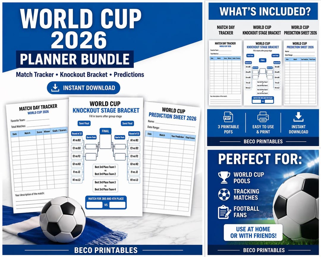 World Cup 2026 Planner Bundle Printable, Match Tracker, Knockout