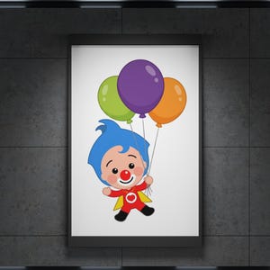 Puede incluir: Una impresi&oacute;n enmarcada que presenta un personaje de dibujos animados con cabello azul, un atuendo rojo y una nariz de payaso, sosteniendo tres globos en verde, morado y naranja. El personaje flota sobre un fondo blanco.
