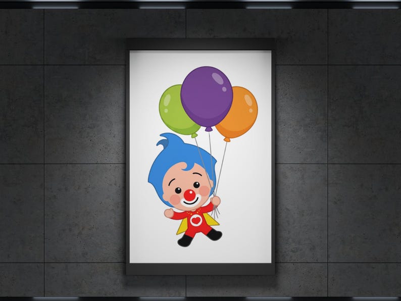 Puede incluir: Una impresi&oacute;n enmarcada que presenta un personaje de dibujos animados con cabello azul, un atuendo rojo y una nariz de payaso, sosteniendo tres globos en verde, morado y naranja. El personaje flota sobre un fondo blanco.