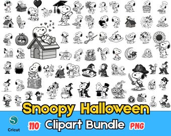 May include: A collection of black and white Snoopy illustrations featuring various seasonal and holiday themes, including Halloween costumes, pumpkins, and doghouses. The text at the bottom reads Snoopy Halloween 110 Clipart Bundle PNG.