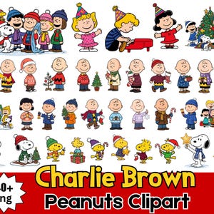 Peut inclure: Une collection d'illustrations numériques représentant Charlie Brown, Snoopy et la bande des Peanuts dans diverses tenues d'hiver et de fête, avec des bonnets, écharpes, pulls, sapins de Noël, cadeaux et sucres d'orge, étiquetée 40+ Png.