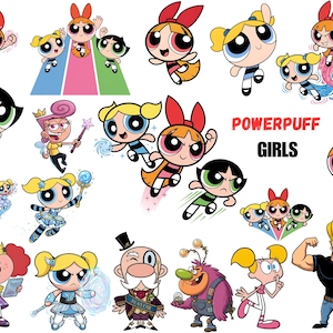 Puede incluir: Una colección de ilustraciones de dibujos animados con personajes de las Supernenas. Las imágenes incluyen a Pétalo, Burbuja y Cactus, junto con otros personajes. El texto "POWERPUFF GIRLS" se muestra en mayúsculas negras.