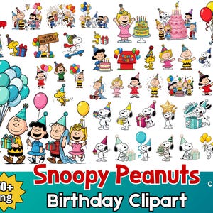 May include: A collection of digital illustrations featuring Snoopy, Charlie Brown, and the Peanuts gang celebrating birthdays with balloons, cakes, and gifts. The text reads Snoopy Peanuts Birthday Clipart and 50+ Png. The characters wear party hats.