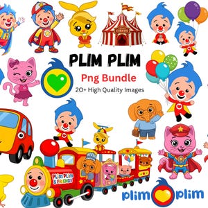 Puede incluir: Una colecci&oacute;n de im&aacute;genes de dibujos animados coloridos con un personaje de payaso con cabello azul, nariz roja y atuendo rojo y amarillo. Otros personajes incluyen un gato rosa, un conejo amarillo y un elefante. El texto "PLIM PLIM Png Bundle" tambi&eacute;n es visible.