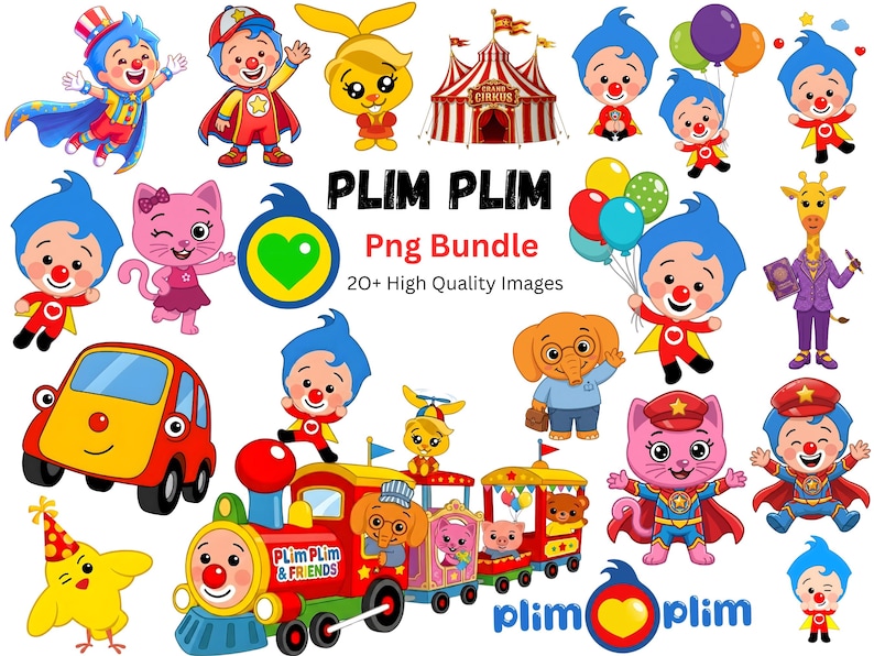 Puede incluir: Una colecci&oacute;n de im&aacute;genes de dibujos animados coloridos con un personaje de payaso con cabello azul, nariz roja y atuendo rojo y amarillo. Otros personajes incluyen un gato rosa, un conejo amarillo y un elefante. El texto "PLIM PLIM Png Bundle" tambi&eacute;n es visible.
