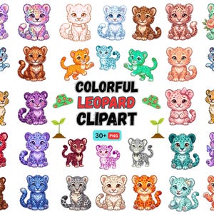 Può includere: Una collezione di oltre 30 illustrazioni di cuccioli di leopardo colorati in varie pose e colori, tra cui rosa, blu, verde, arancione e viola. Il testo centrale recita COLORFUL LEOPARD CLIPART 30+ PNG, con icone di cappello e germoglio.