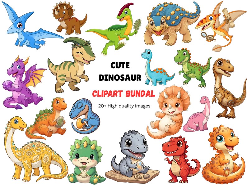 Kawaii Dinosaur Clipart Bundle, Baby Dino Graphics, Kids Nursery Art ...