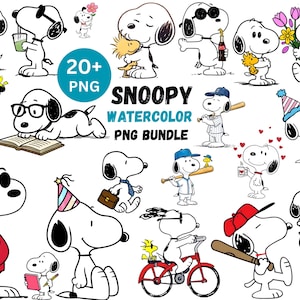 May include: A digital collection of over 20 Snoopy watercolour PNG images featuring the character in various outfits and activities, including holding flowers, wearing sunglasses, playing baseball, riding a bicycle, and celebrating with a birthday cake.