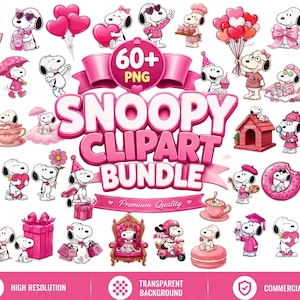 May include: A digital collection of over 60 Snoopy clipart images featuring the character in various pink-themed outfits and activities, with the text 60+ PNG SNOOPY CLIPART BUNDLE displayed prominently in the centre against a white background.