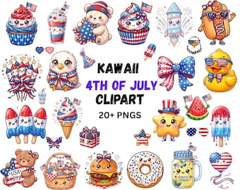 Paquete de imágenes prediseñadas Kawaii del 4 de julio / Gráficos patrióticos de EE. UU. (Descarga digital)