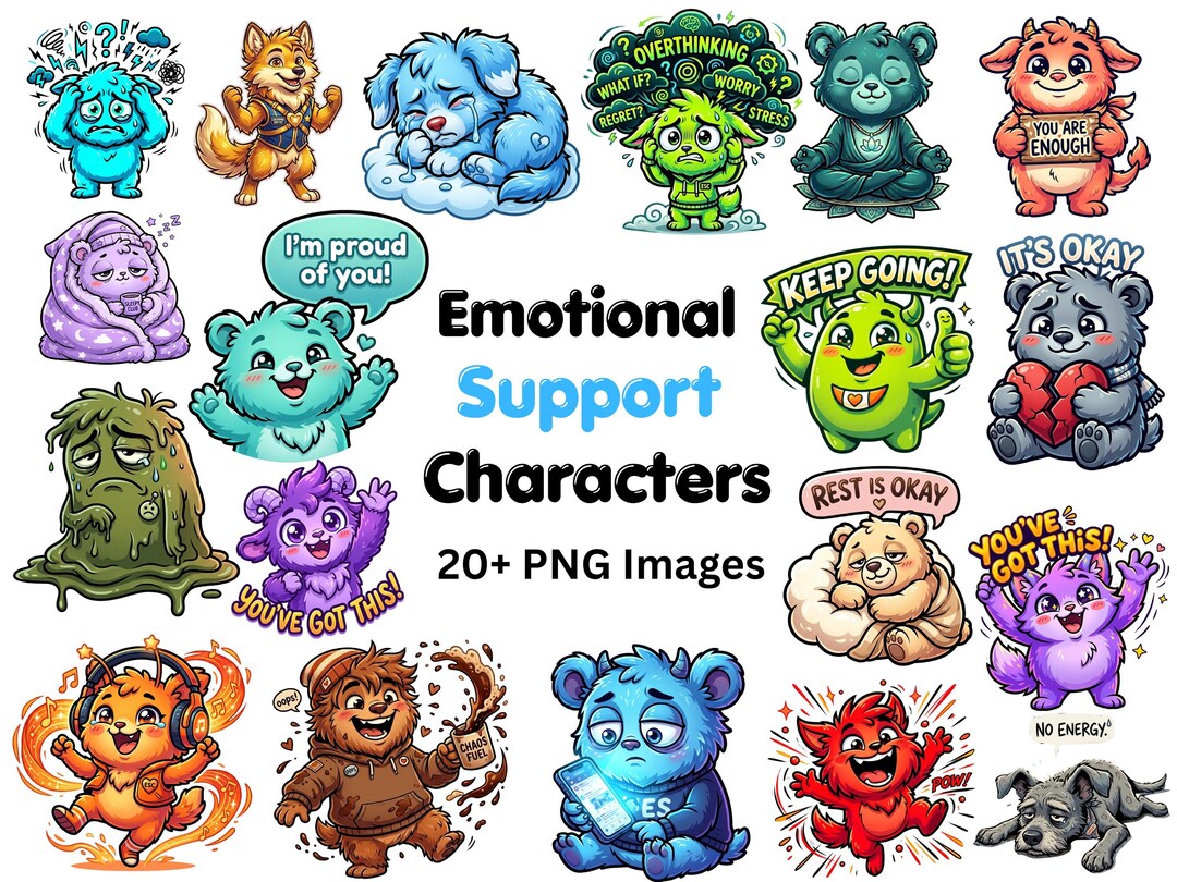 Emotional Support Characters PNG Bundle | Kawaii Affirmation Stickers ...