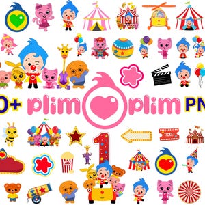 Op de afbeelding: Een verzameling van meer dan 50 digitale Plim Plim-karakterillustraties, inclusief circustenten, dieren, ballonnen en carnavalselementen. De tekst 50+ plim plim PNG staat in het midden, omringd door kleurrijke cartoonafbeeldingen.