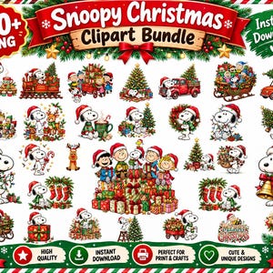 Op de afbeelding: Een digitale collectie van meer dan 30 Snoopy kerst-clipartafbeeldingen met Snoopy en vrienden in feestelijke scènes met kerstbomen, cadeaus, rode vrachtwagens en sleeën. De afbeelding bevat de tekst Snoopy Christmas Clipart Bundle.