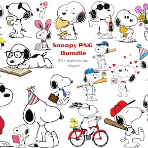 Puede incluir: Una colección de imágenes prediseñadas PNG de acuarela de Snoopy. Las imágenes muestran a Snoopy en varias poses, incluyendo sosteniendo flores, usando gafas de sol y montando en bicicleta. El texto "Snoopy PNG Bundle" también es visible.