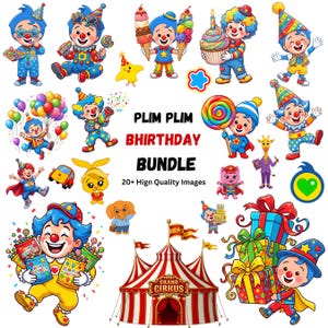 Może przedstawiać: Kolekcja kolorowych ilustracji z postaciami Plim Plim, namiotem cyrkowym, prezentami i balonami. Tekst głosi PLIM PLIM BHIRTHDAY BUNDLE 20+ Hign Quality Images. Grafiki przedstawiają klaun&oacute;w, zwierzęta oraz r&oacute;żnorodne słodycze i przekąski.