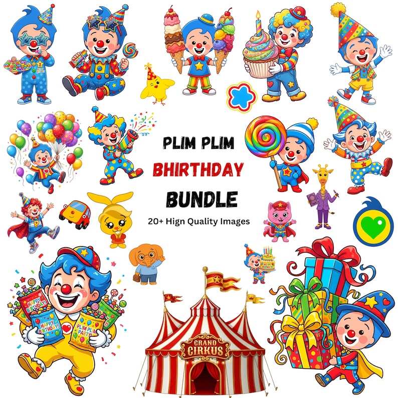 Może przedstawiać: Kolekcja kolorowych ilustracji z postaciami Plim Plim, namiotem cyrkowym, prezentami i balonami. Tekst głosi PLIM PLIM BHIRTHDAY BUNDLE 20+ Hign Quality Images. Grafiki przedstawiają klaun&oacute;w, zwierzęta oraz r&oacute;żnorodne słodycze i przekąski.