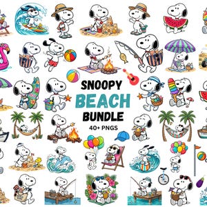 May include: A digital collection of Snoopy illustrations titled Snoopy Beach Bundle 40+ PNGs, featuring the white beagle character in various summer activities like surfing, swimming, fishing, eating watermelon, and playing with beach balls.