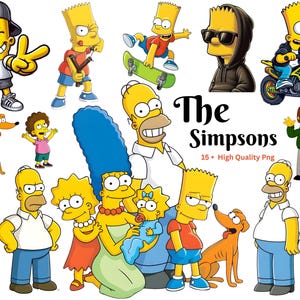 Op de afbeelding: Een verzameling digitale illustraties met personages uit The Simpsons, waaronder Homer, Marge, Bart, Lisa en Maggie, samen met Santa's Little Helper. De afbeelding bevat diverse poses van Bart, Homer en Marge, met de tekst The Simpsons.